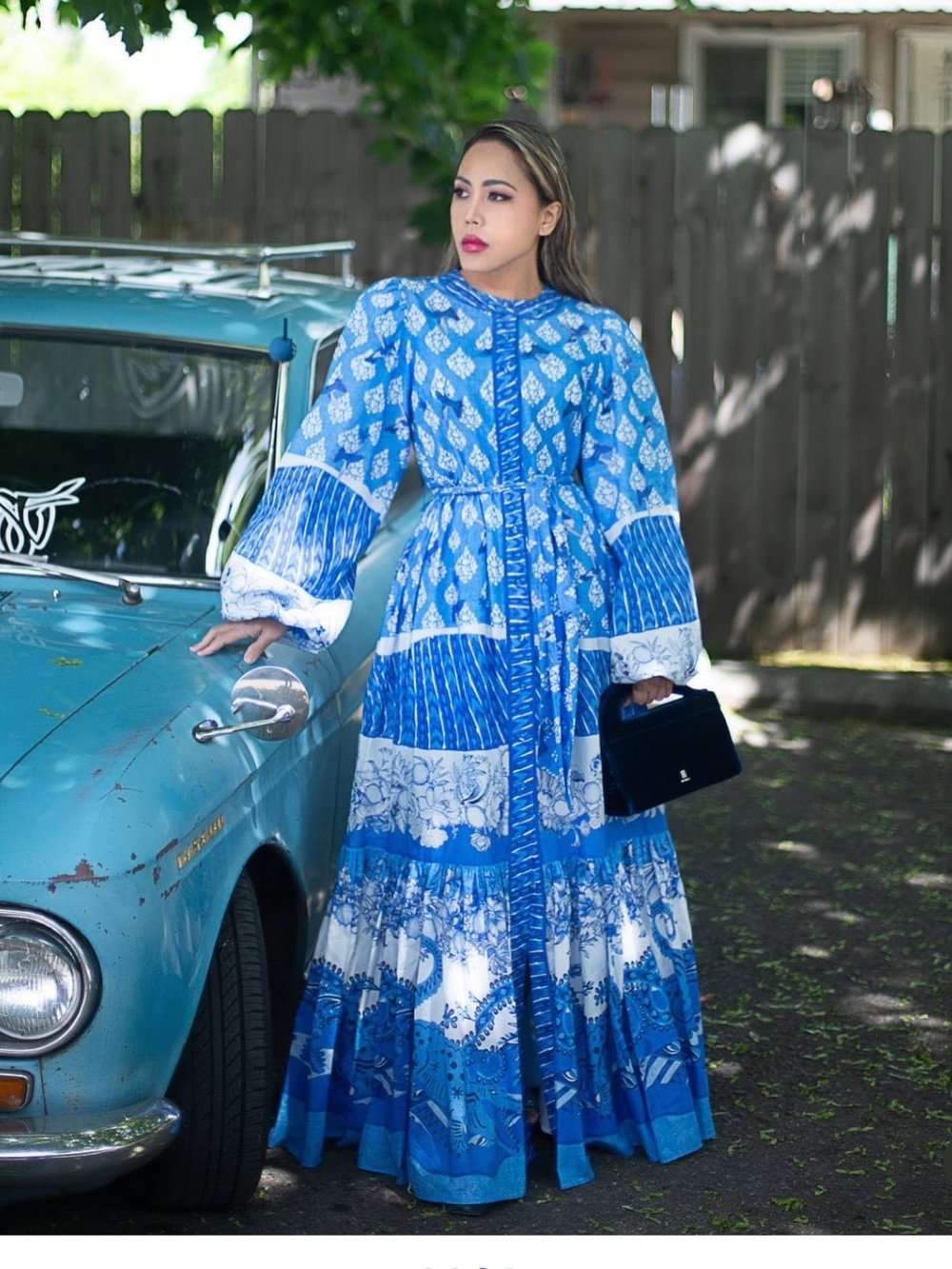 A Loves A Border Print Mandarin Collar Balloon Sleeve A-Line hummingbird dress
